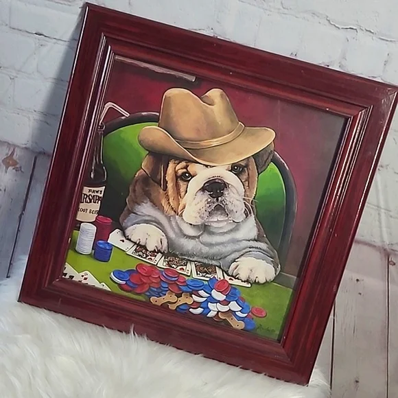 Mahogany Framed Glass English Bull Dog Pup Puppy Poker Gambling Vegas Cowboy Art - Picture 3 of 16
